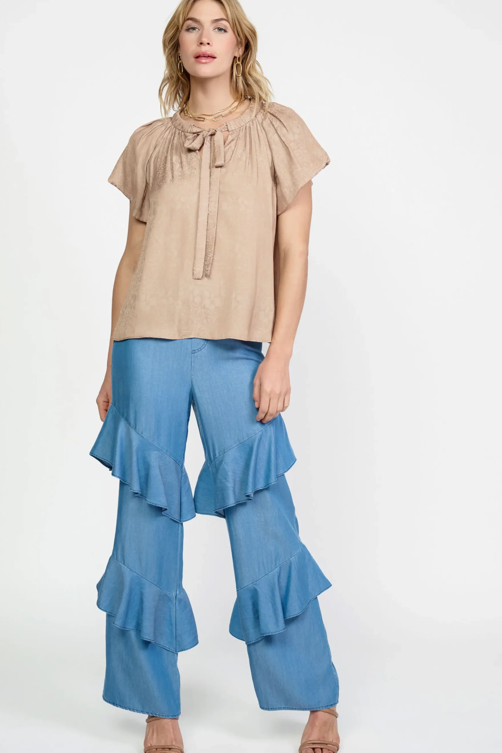 Current Air Abstract Jacquard Tieneck Blouse SANDYTAUPE Sale