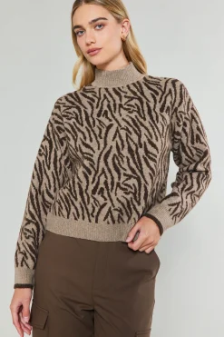 Current Air Abstract Mock Neck Sweater BROWN Clearance
