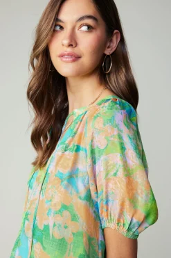 Current Air Abstract Split Neck Blouse GREENORANGE Fashion