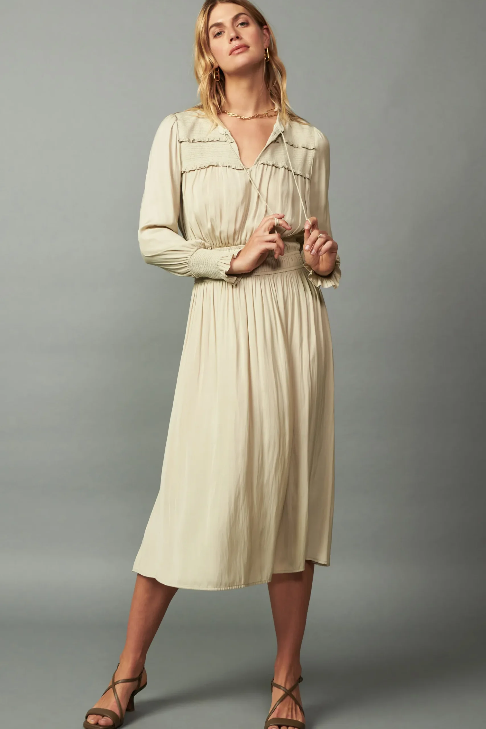 Current Air Aida Smocked Midi Dress TAUPE Clearance