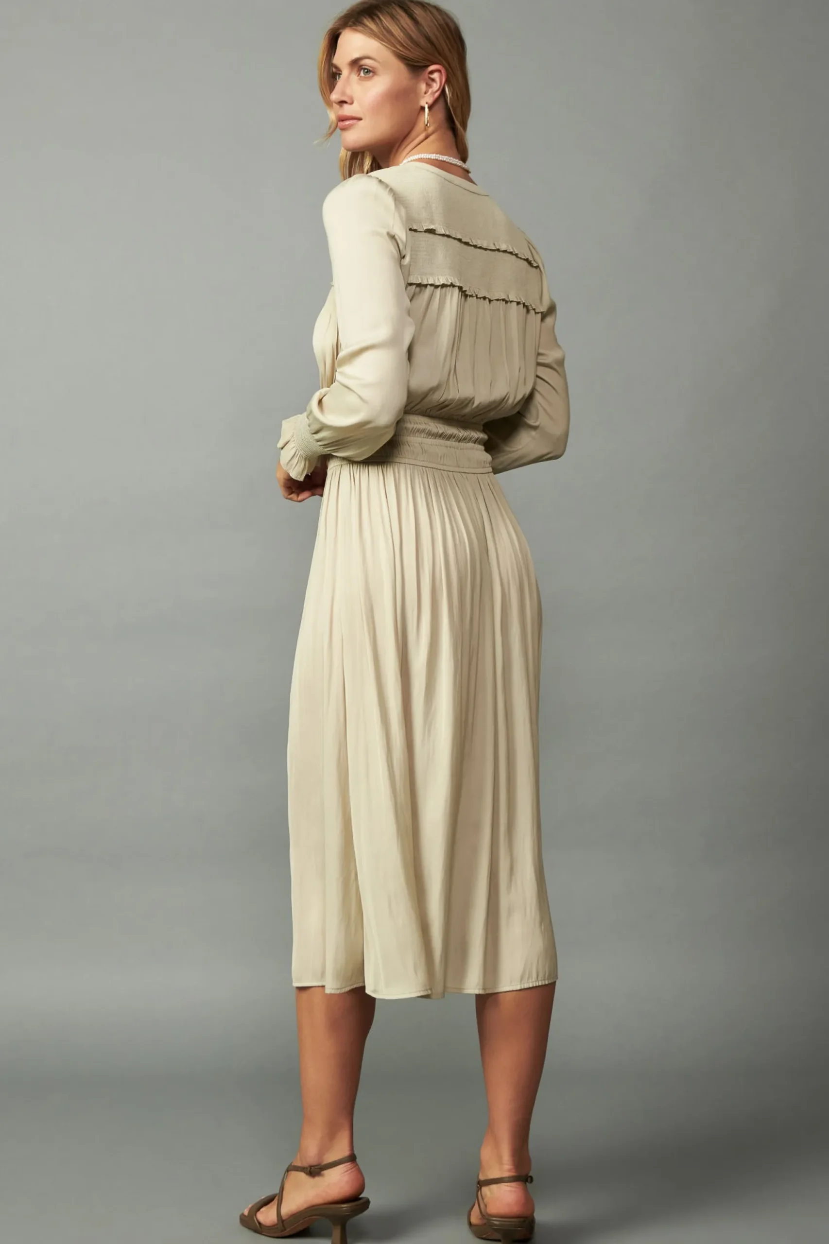 Current Air Aida Smocked Midi Dress TAUPE Clearance