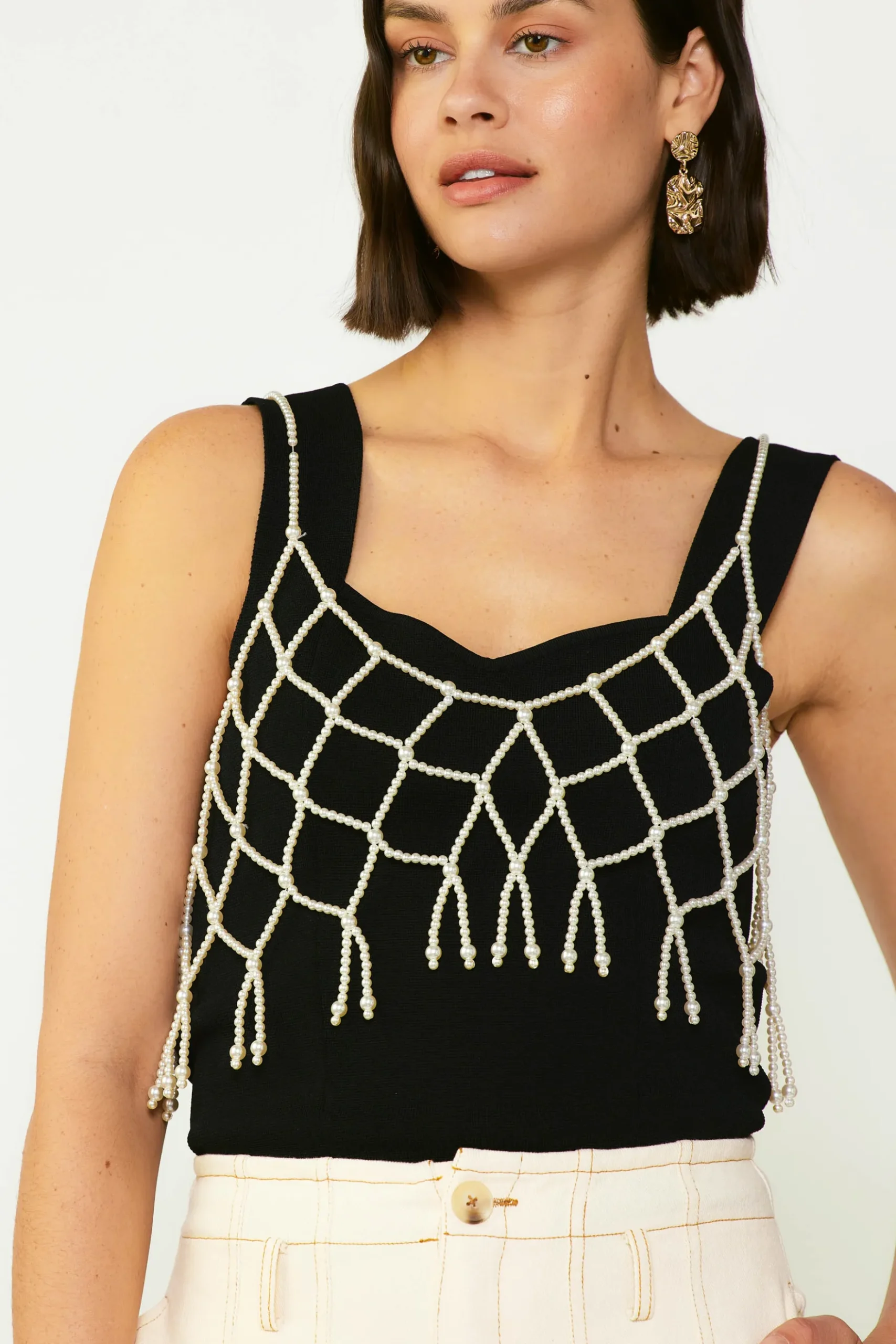 Current Air Beaded Pearl Cami WHITE New