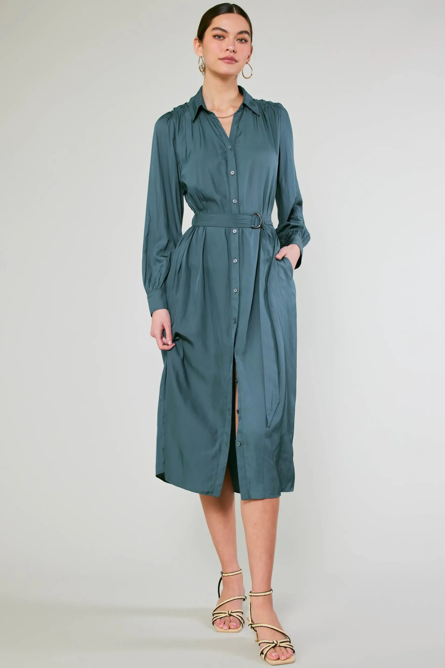 Current Air Belted Buttondown Shirt Dress FORESTGREEN Online