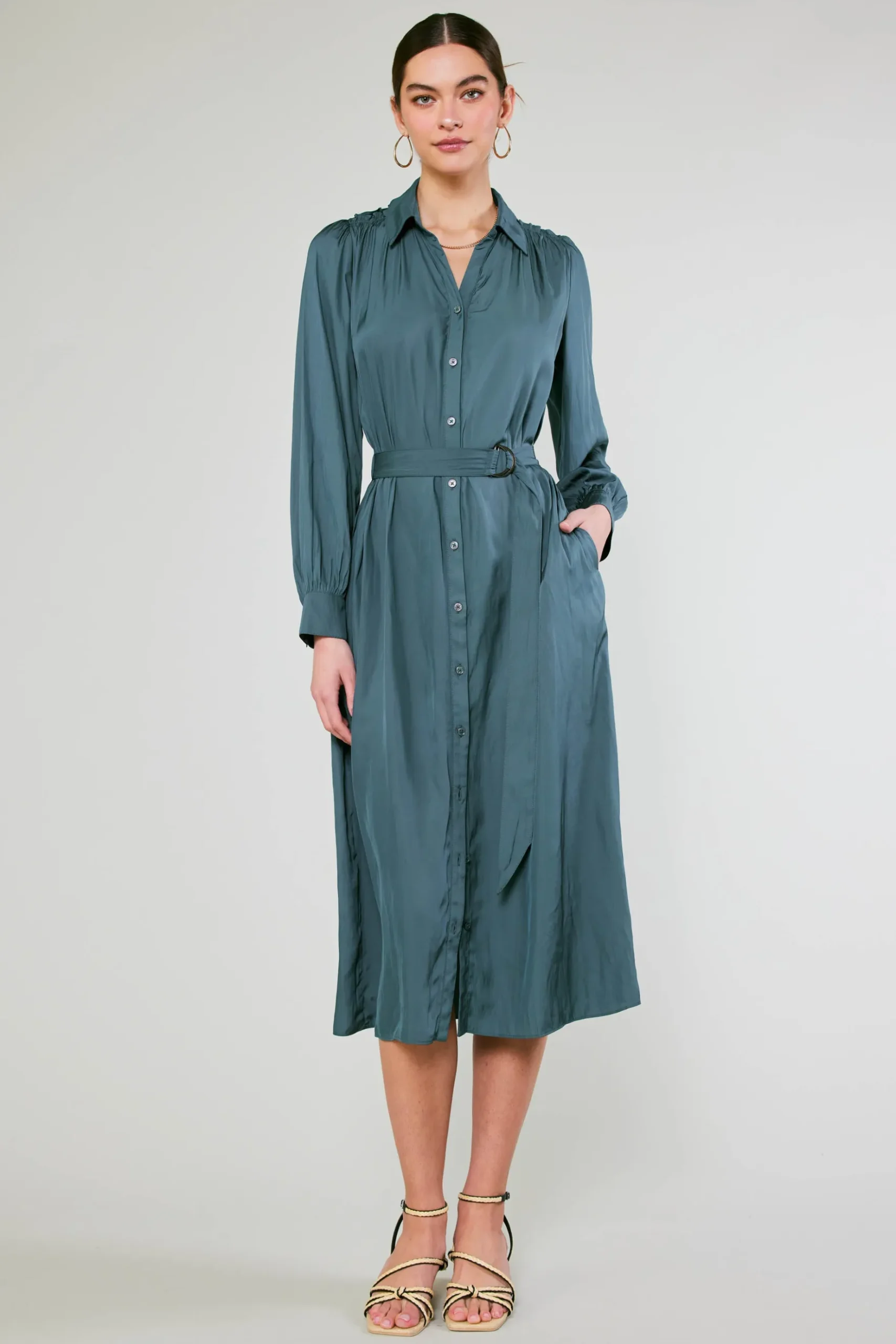 Current Air Belted Buttondown Shirt Dress FORESTGREEN Online