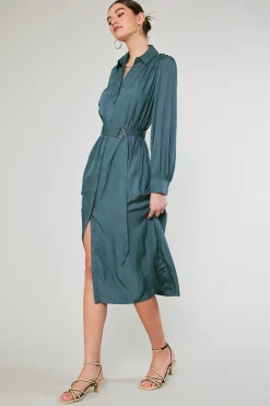Current Air Belted Buttondown Shirt Dress FORESTGREEN Online