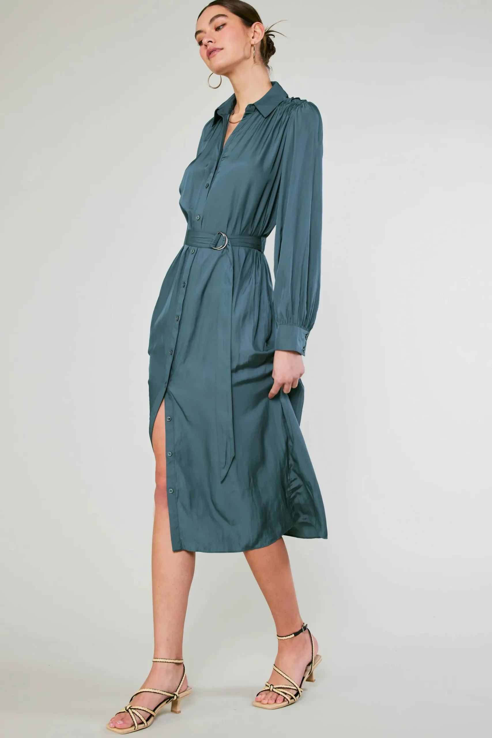 Current Air Belted Buttondown Shirt Dress FORESTGREEN Online