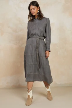Current Air Belted Chambray Midi Skirt WASHEDBLACK New