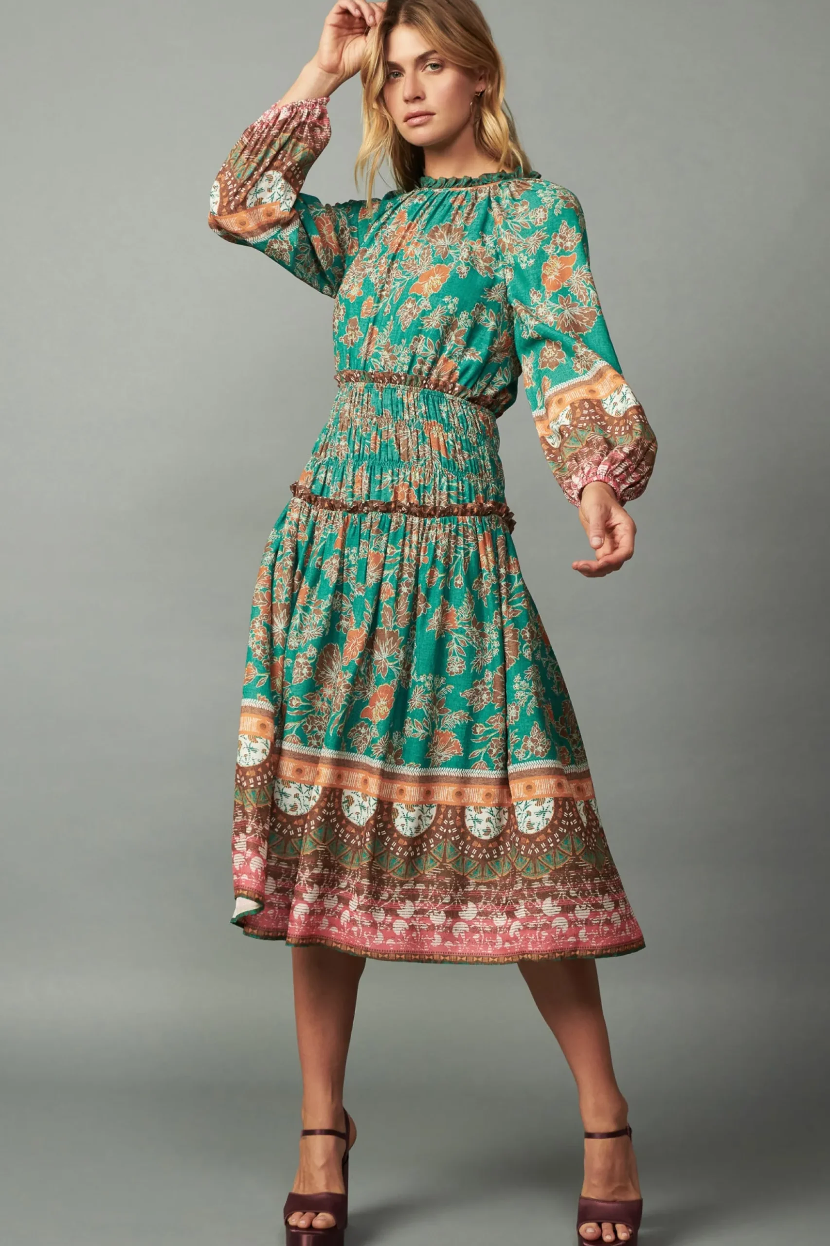 Current Air Border Multi Print Midi Dress GREENMLT Sale