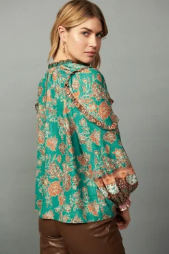 Current Air Border Ruffled Floral Blouse GREENMLT Best