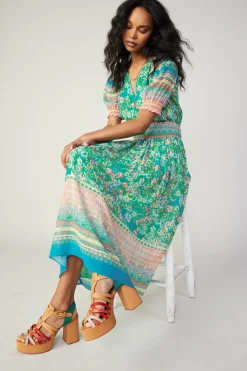 Current Air Bordered Floral Print Midi Dress GREENMULTI Best