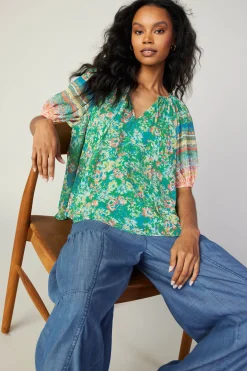 Current Air Bordered Floral Print Top GREENMULTI Discount