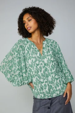 Current Air Botanical Jacquard Raglan Blouse GREEN New