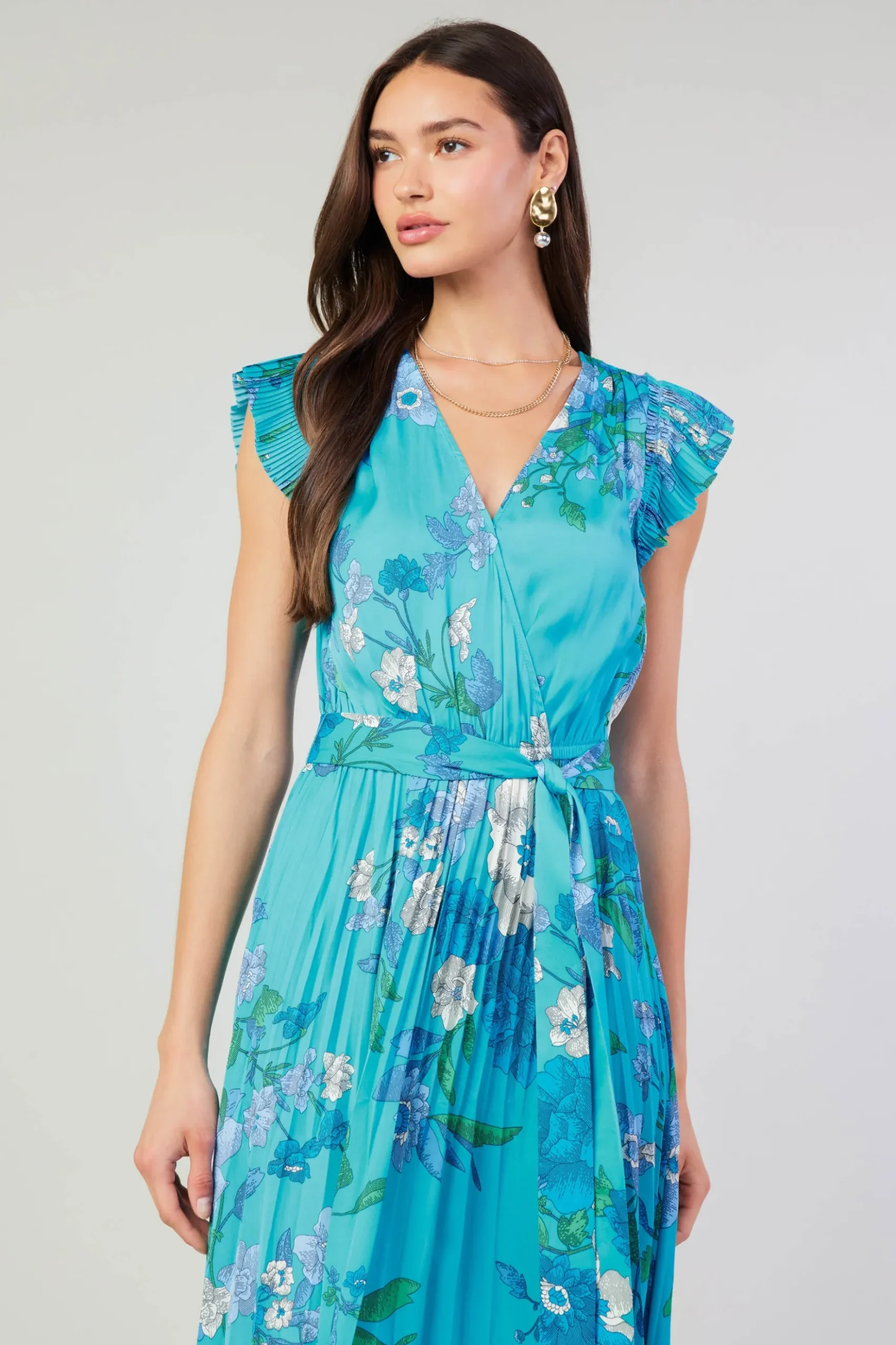 Current Air Botanical Pleated Midi Dress BLUE Best