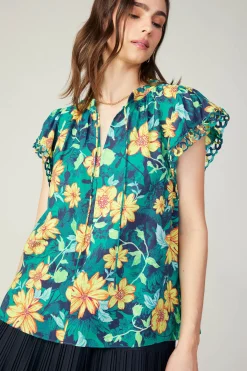 Current Air Botanical Print Eyelet Blouse YELLOWFLORALMLT Hot