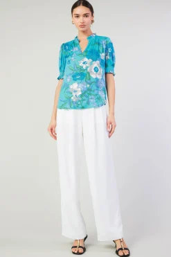 Current Air Botanical Smocked Shoulder Blouse BLUE Clearance