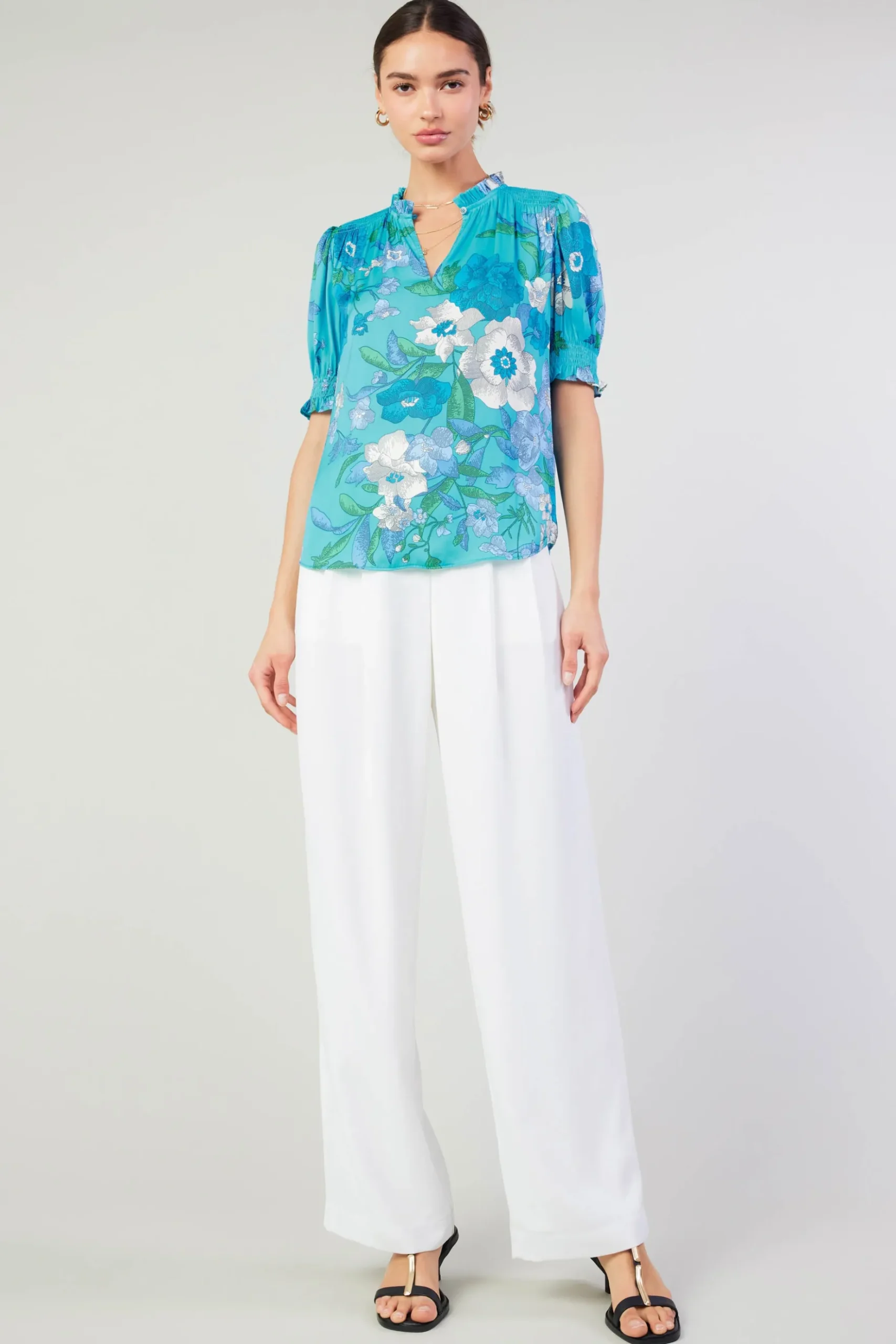Current Air Botanical Smocked Shoulder Blouse BLUE Clearance