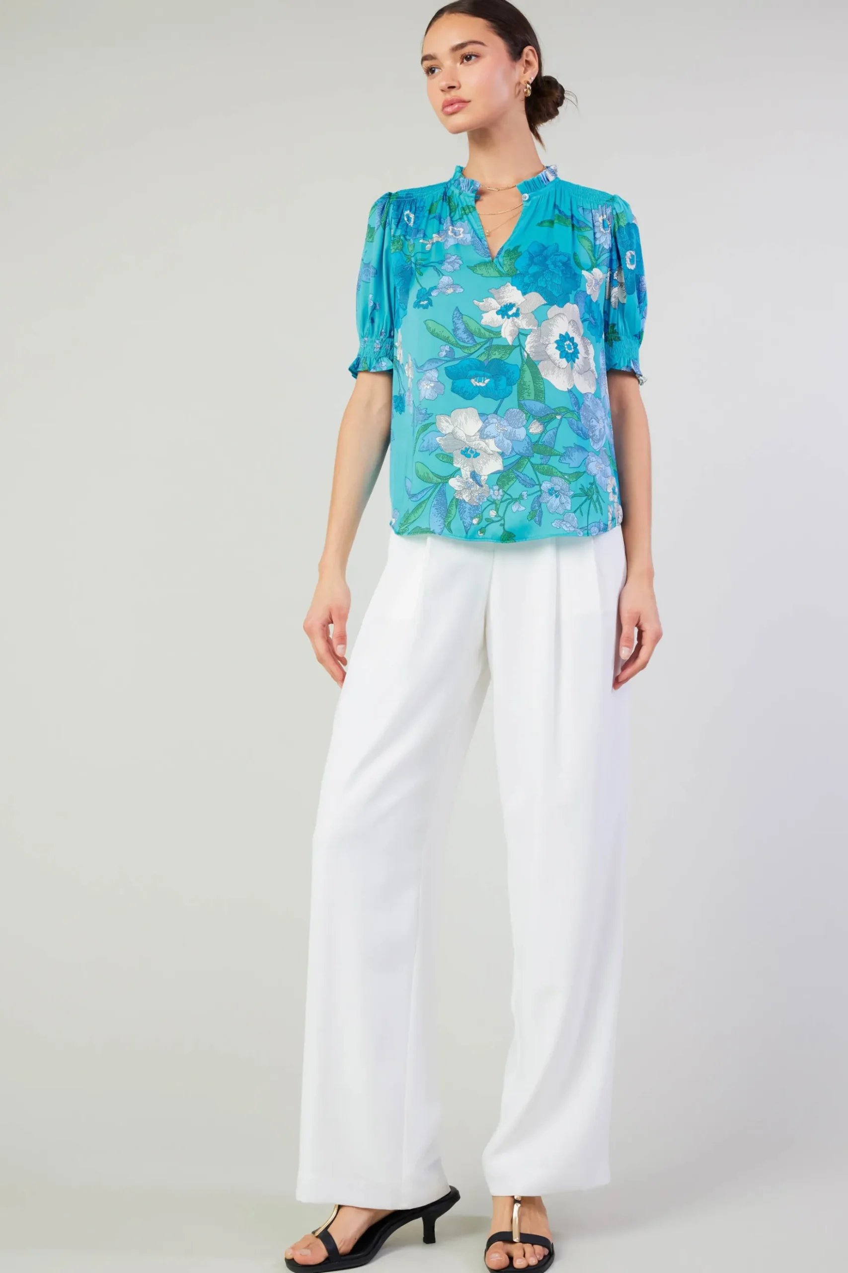 Current Air Botanical Smocked Shoulder Blouse BLUE Clearance