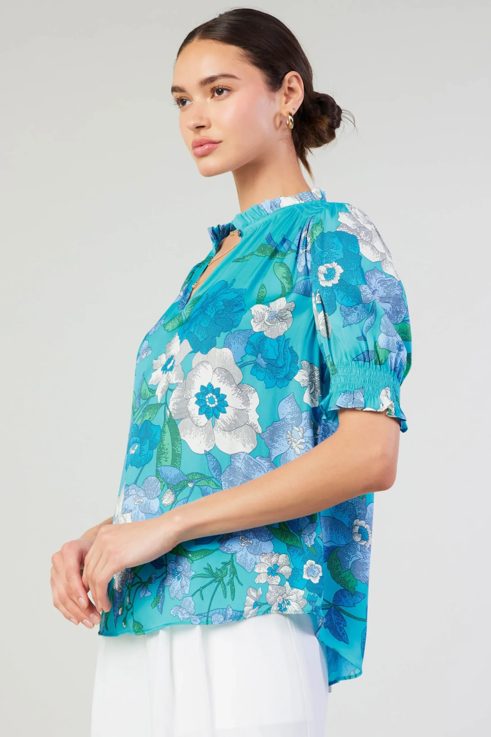 Current Air Botanical Smocked Shoulder Blouse BLUE Clearance