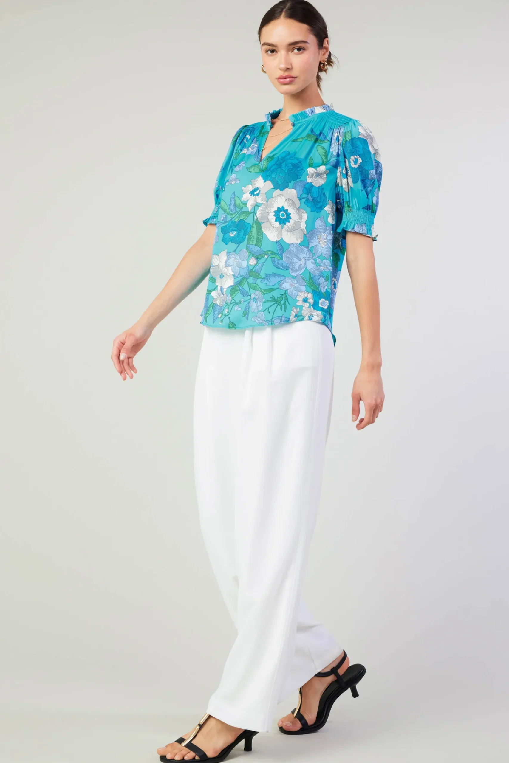 Current Air Botanical Smocked Shoulder Blouse BLUE Clearance
