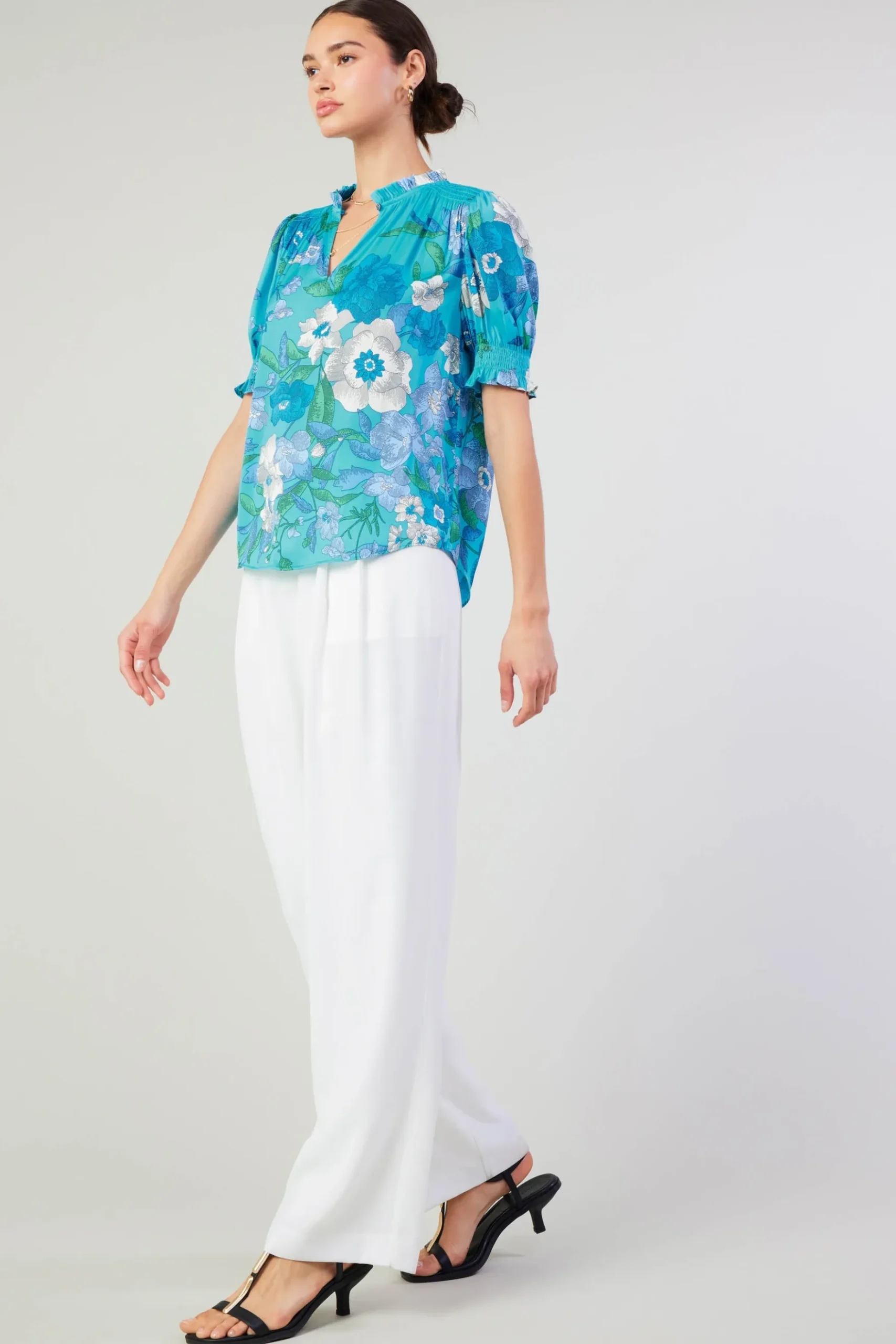 Current Air Botanical Smocked Shoulder Blouse BLUE Clearance