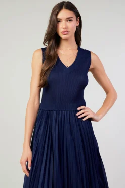 Current Air Cari Ribbed Contrast Pleated Dress NAVY Discount