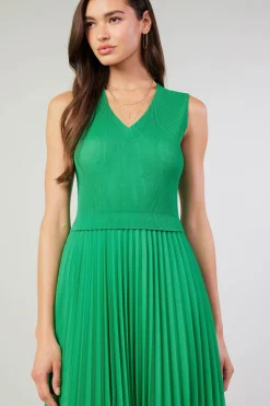 Current Air Cari Ribbed Contrast Pleated Dress SPRINGGREEN New