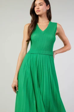 Current Air Cari Ribbed Contrast Pleated Dress SPRINGGREEN New