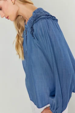 Current Air Picot Stitched Blouse CHAMBRAY Outlet