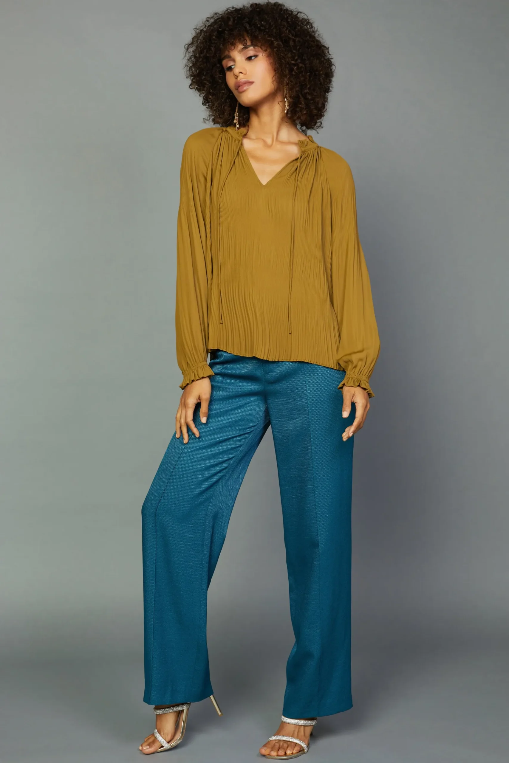 Current Air Charlotte Pleated Blouse DARKOLIVE Best
