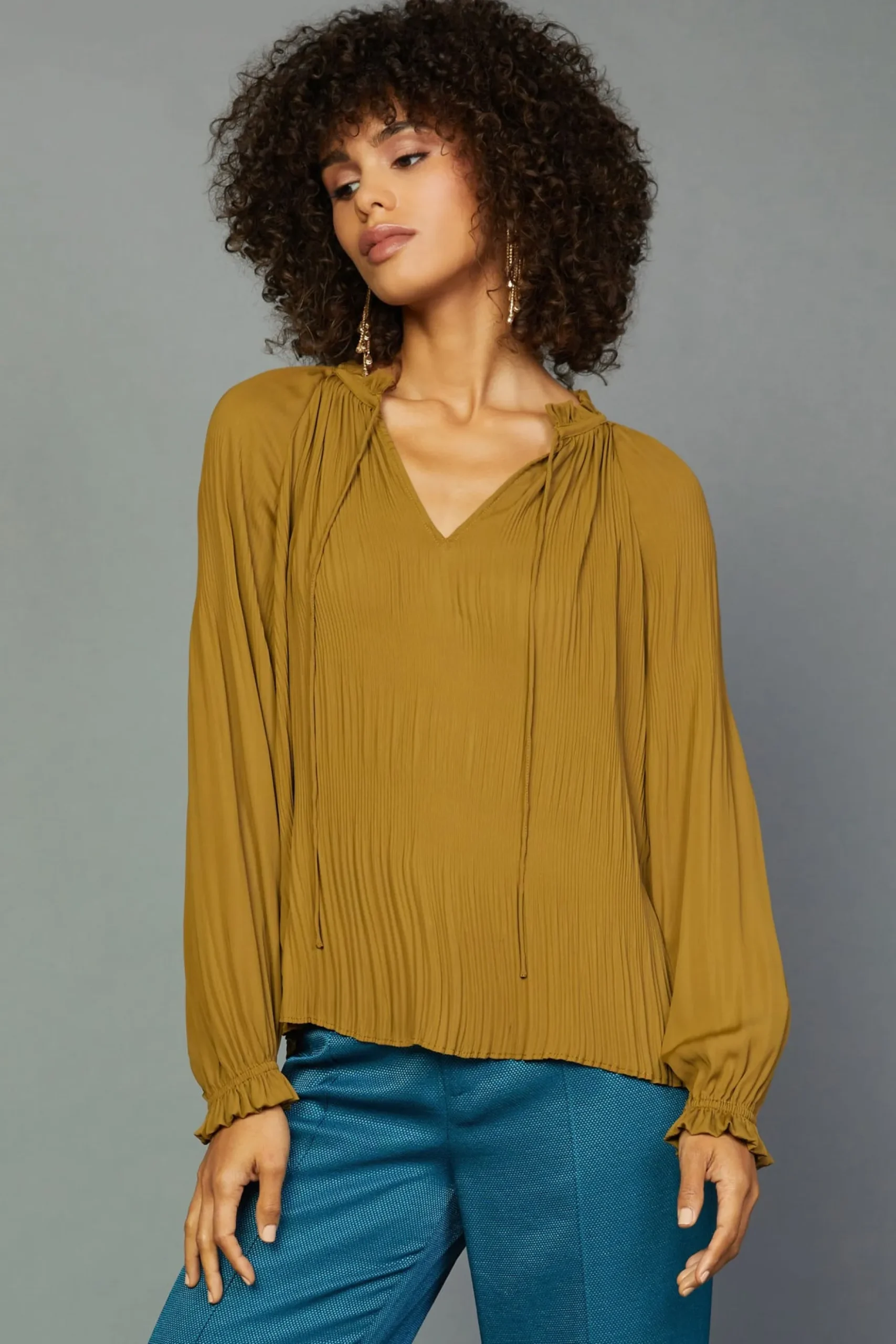 Current Air Charlotte Pleated Blouse DARKOLIVE Best
