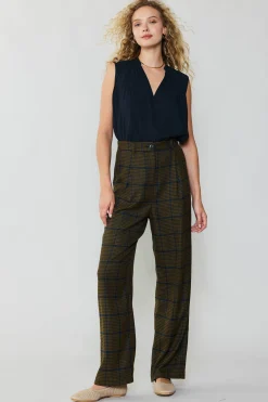 Current Air Checkered Wide Leg Pants OLIVE Discount