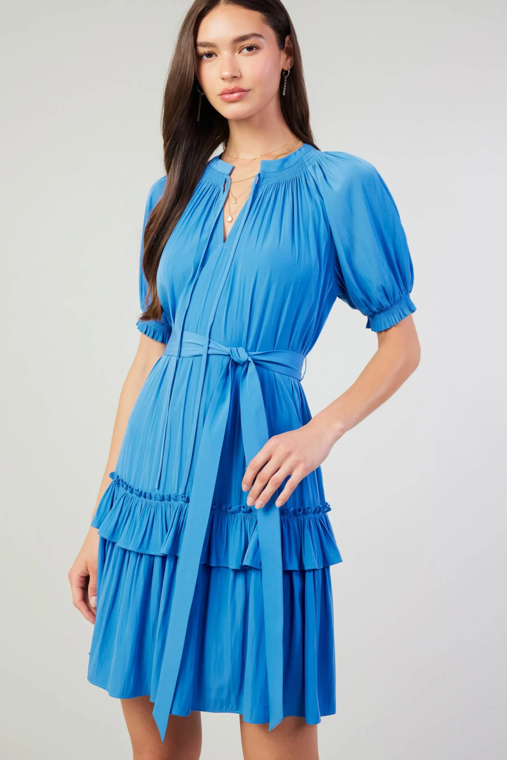 Current Air Coletta Smocked Yoke Mini Dress FADEDBLUE New