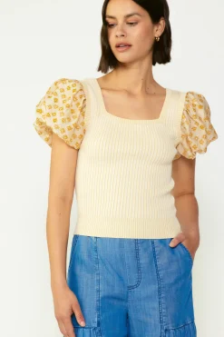 Current Air Constrast Puff Sleeve Sweater Top APRICOTMLT Fashion