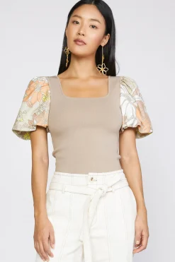 Current Air Contrast Floral Sweater Top SAND Fashion