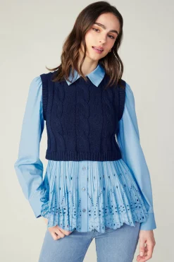 Current Air Contrast Knit Eyelet Top BABYBLUE Clearance