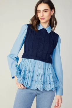 Current Air Contrast Knit Eyelet Top BABYBLUE Clearance