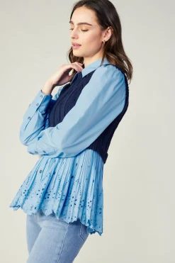 Current Air Contrast Knit Eyelet Top BABYBLUE Clearance