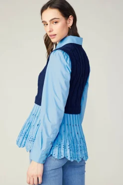 Current Air Contrast Knit Eyelet Top BABYBLUE Clearance