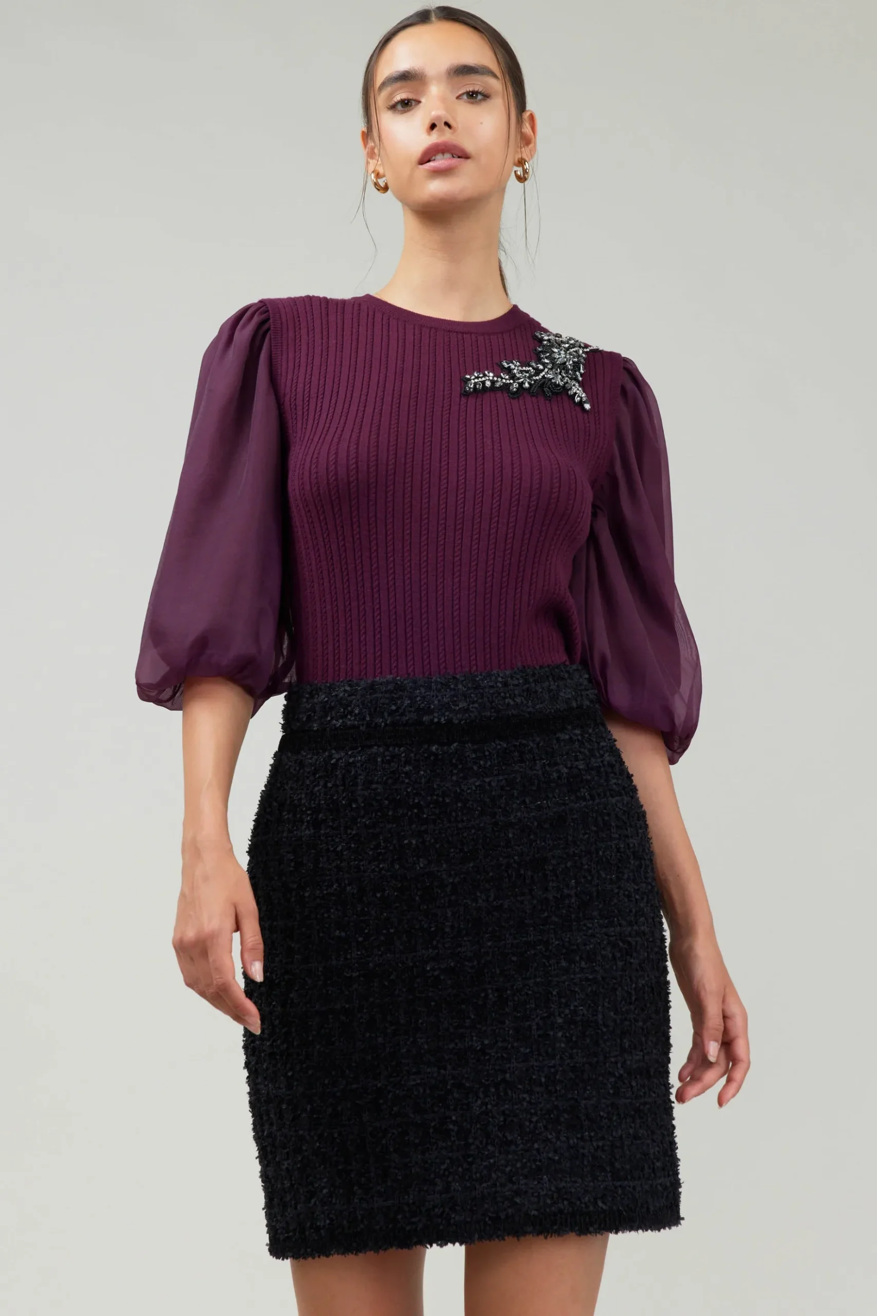 Current Air Contrast Sleeve Knit Blouse BURGUNDY Clearance