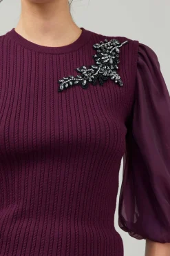 Current Air Contrast Sleeve Knit Blouse BURGUNDY Clearance