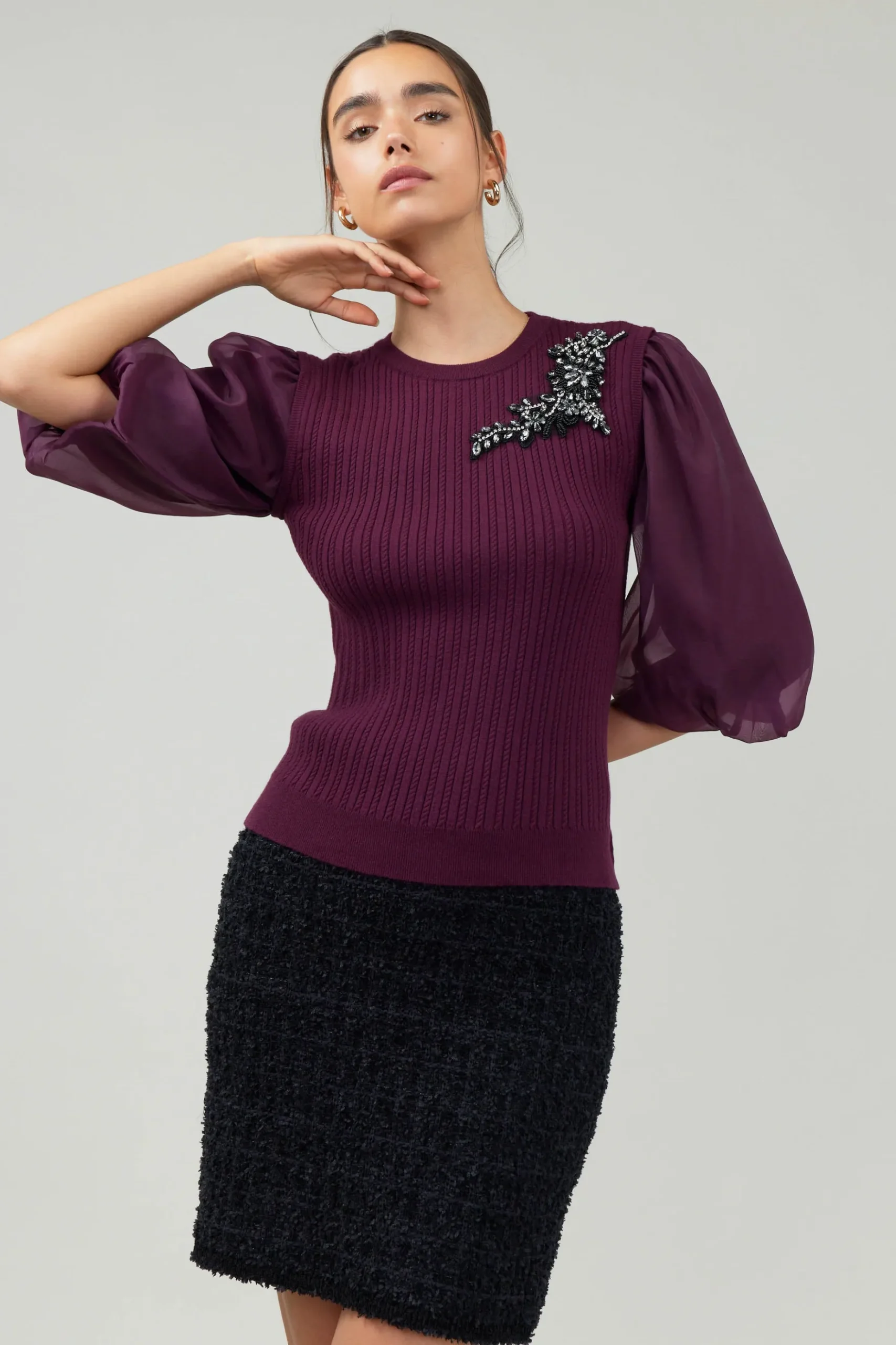 Current Air Contrast Sleeve Knit Blouse BURGUNDY Clearance