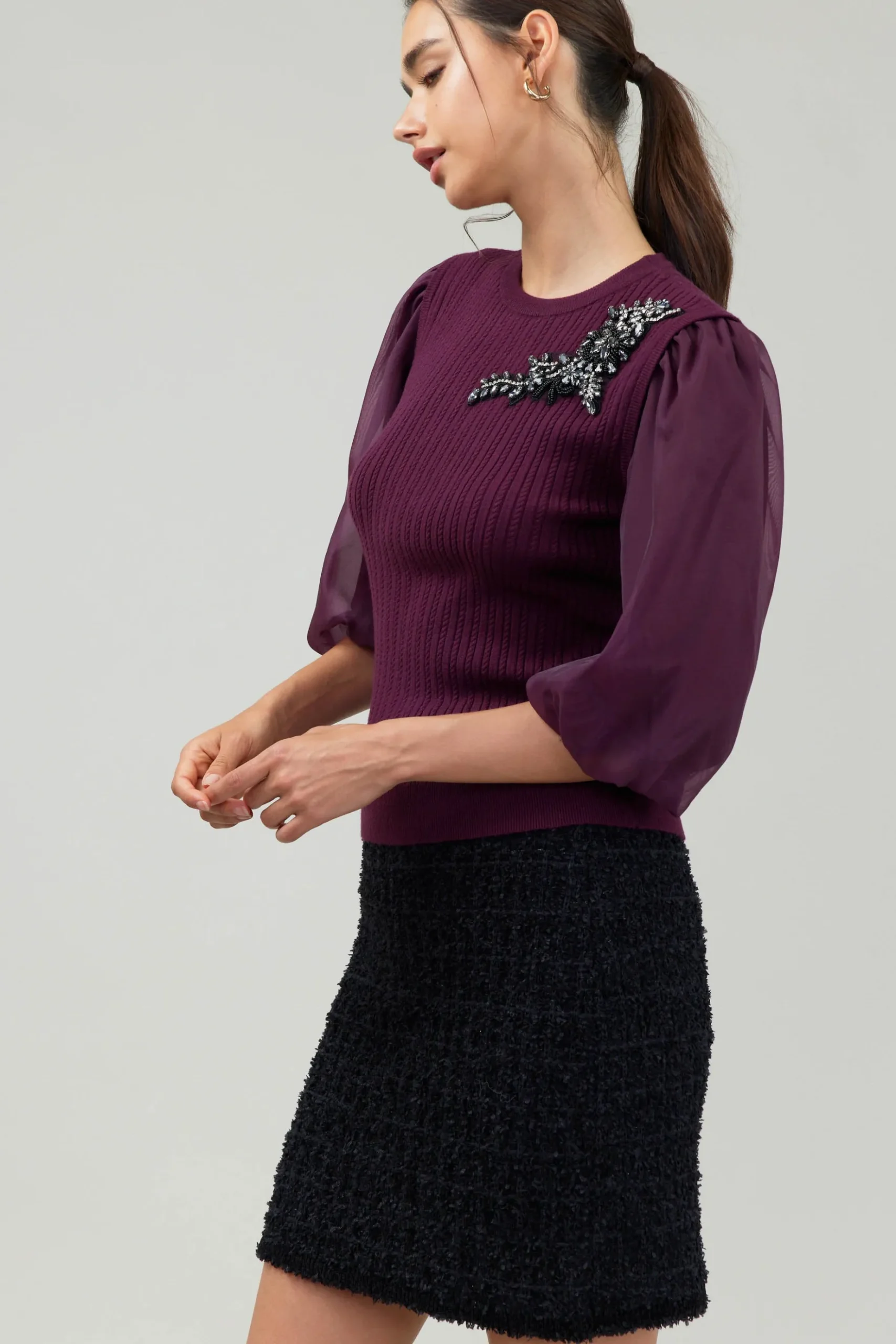 Current Air Contrast Sleeve Knit Blouse BURGUNDY Clearance
