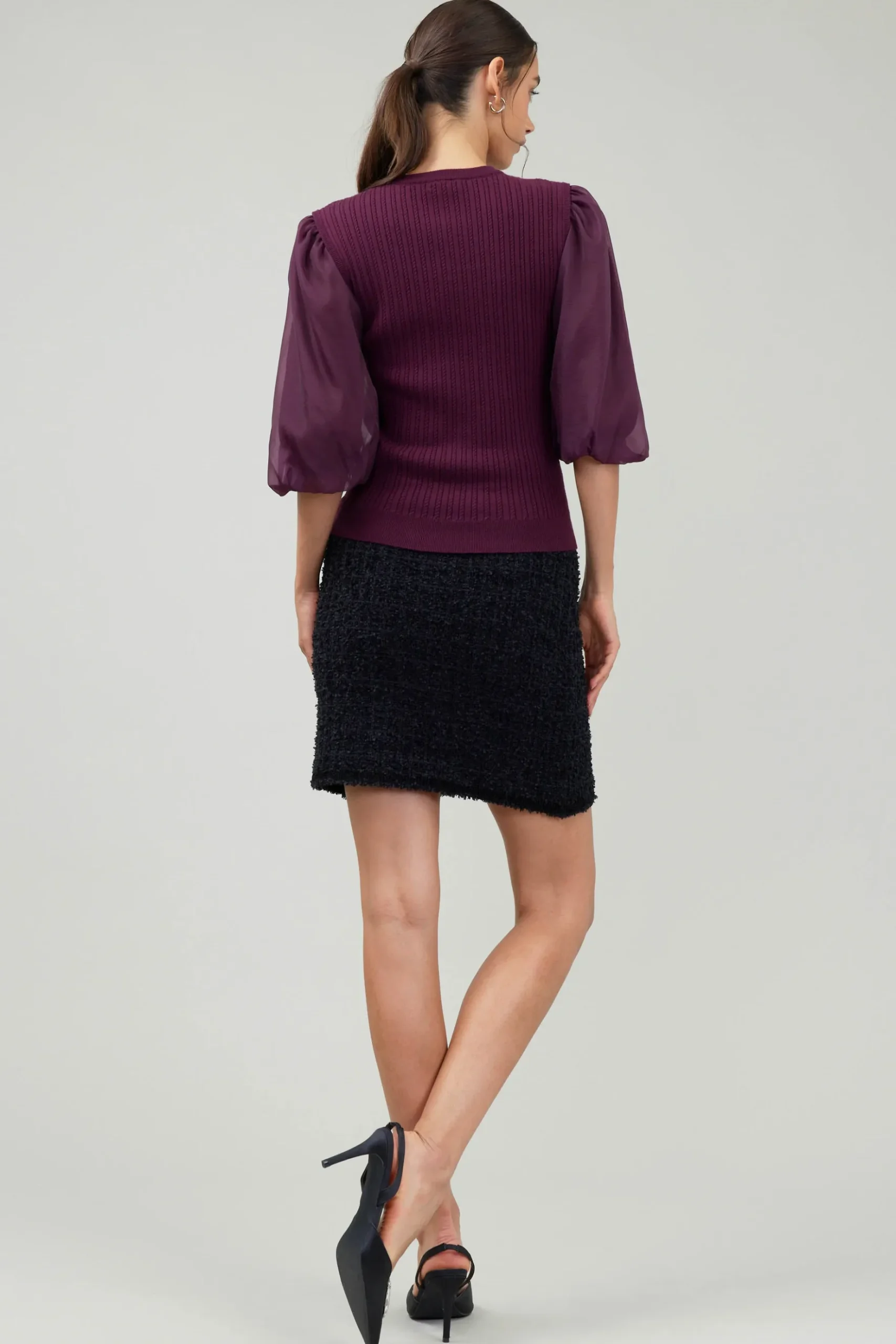 Current Air Contrast Sleeve Knit Blouse BURGUNDY Clearance