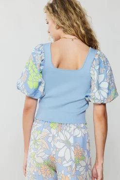Current Air Contrast Sleeve Knit Top BLUE Best