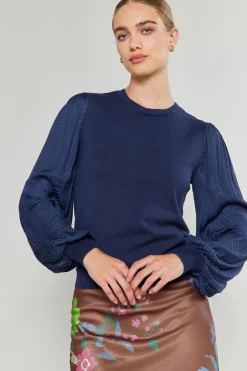 Current Air Contrast Sleeve Knit Top NAVY Hot
