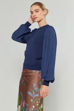 Current Air Contrast Sleeve Knit Top NAVY Hot
