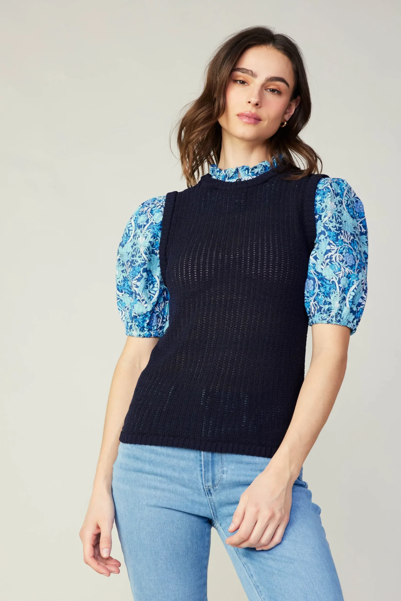 Current Air Contrast Sleeve Knit Top BLUEMLT Hot