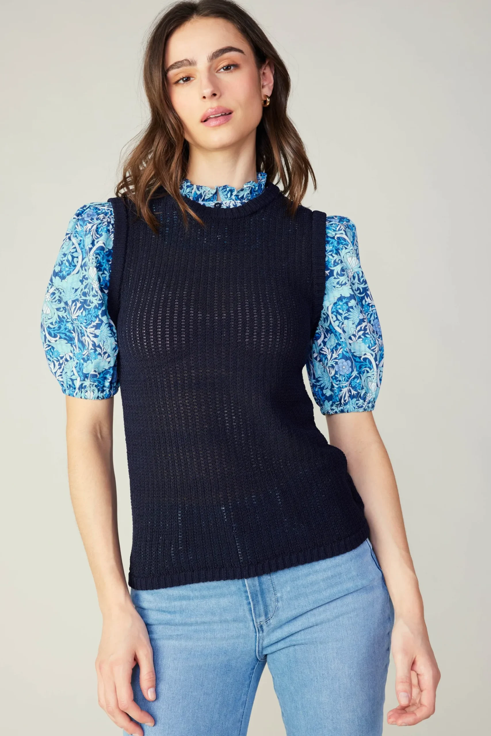 Current Air Contrast Sleeve Knit Top BLUEMLT Hot