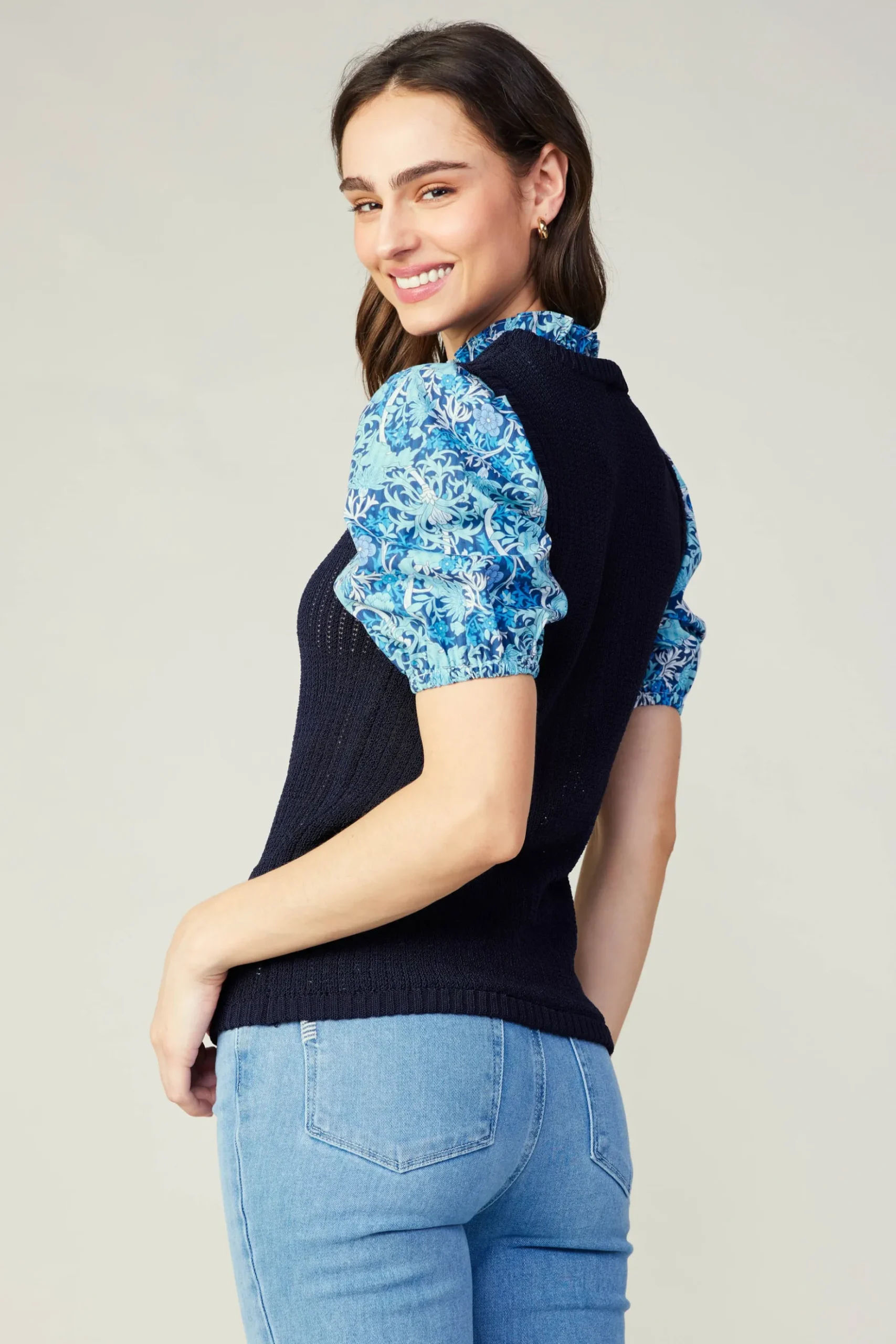 Current Air Contrast Sleeve Knit Top BLUEMLT Hot