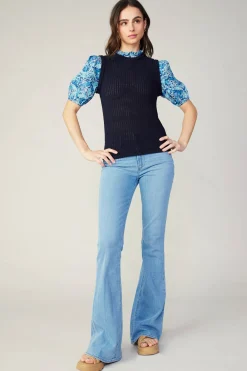 Current Air Contrast Sleeve Knit Top BLUEMLT Hot